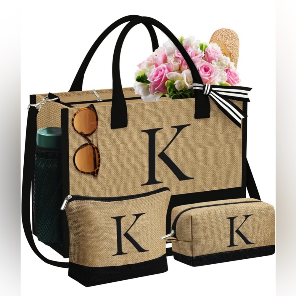Monogrammed “K” Elegant Black and Tan Jute Tote Bag Set